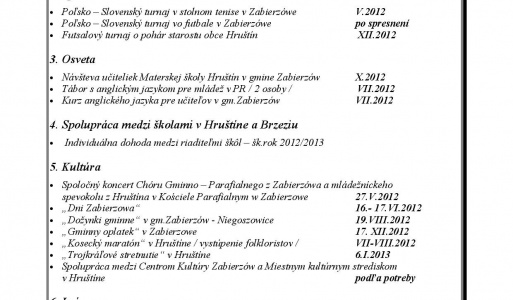 Plán spolupráce medzi obcou Hruštín a gm. Zabierzów na rok 2012 