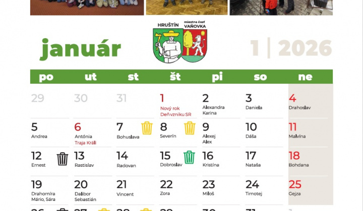 Fotka - Kalendár vývozu KO, plastov a skla za mesiac január 2026